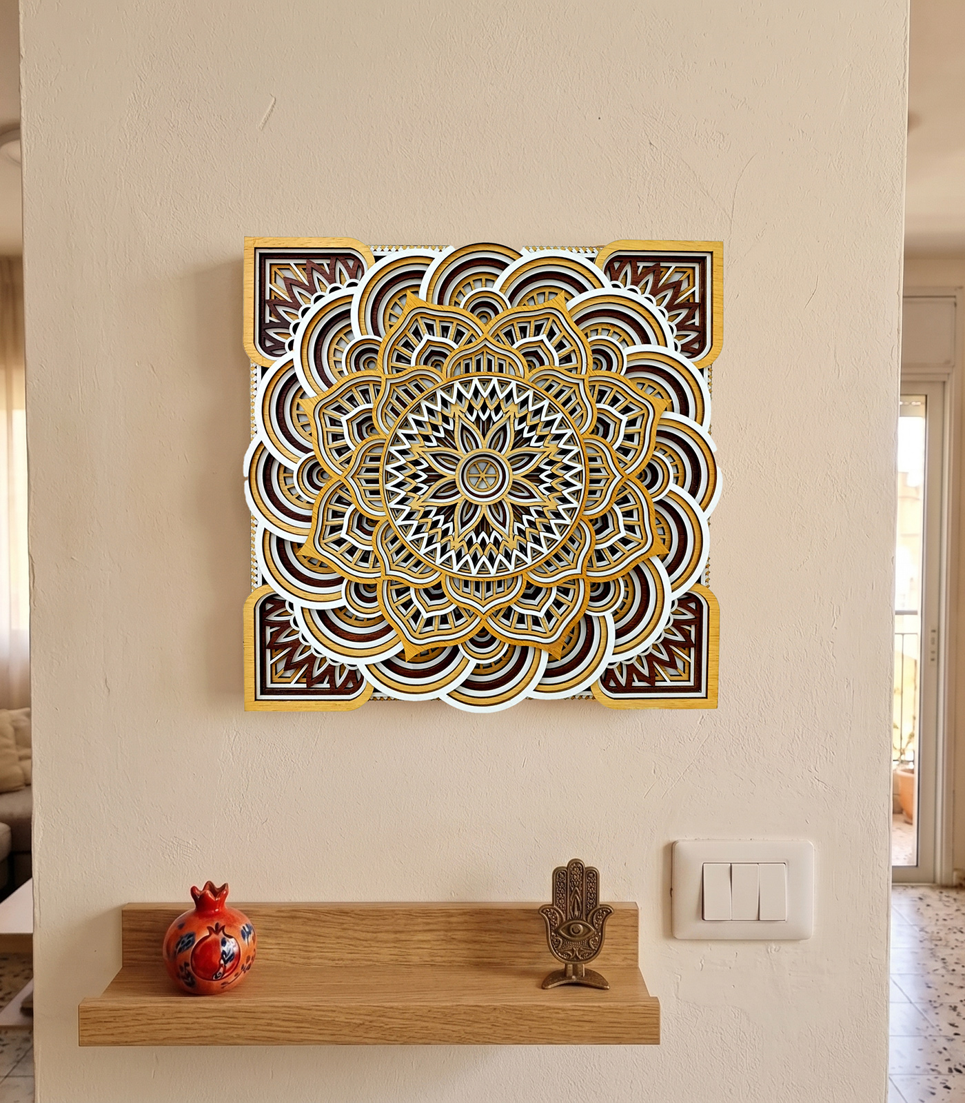 Mandala-091-Wall-Panel-Front תמונת קיר תלת-מימדית מעץ – מנדלה גיאומטרית – תמונה 1