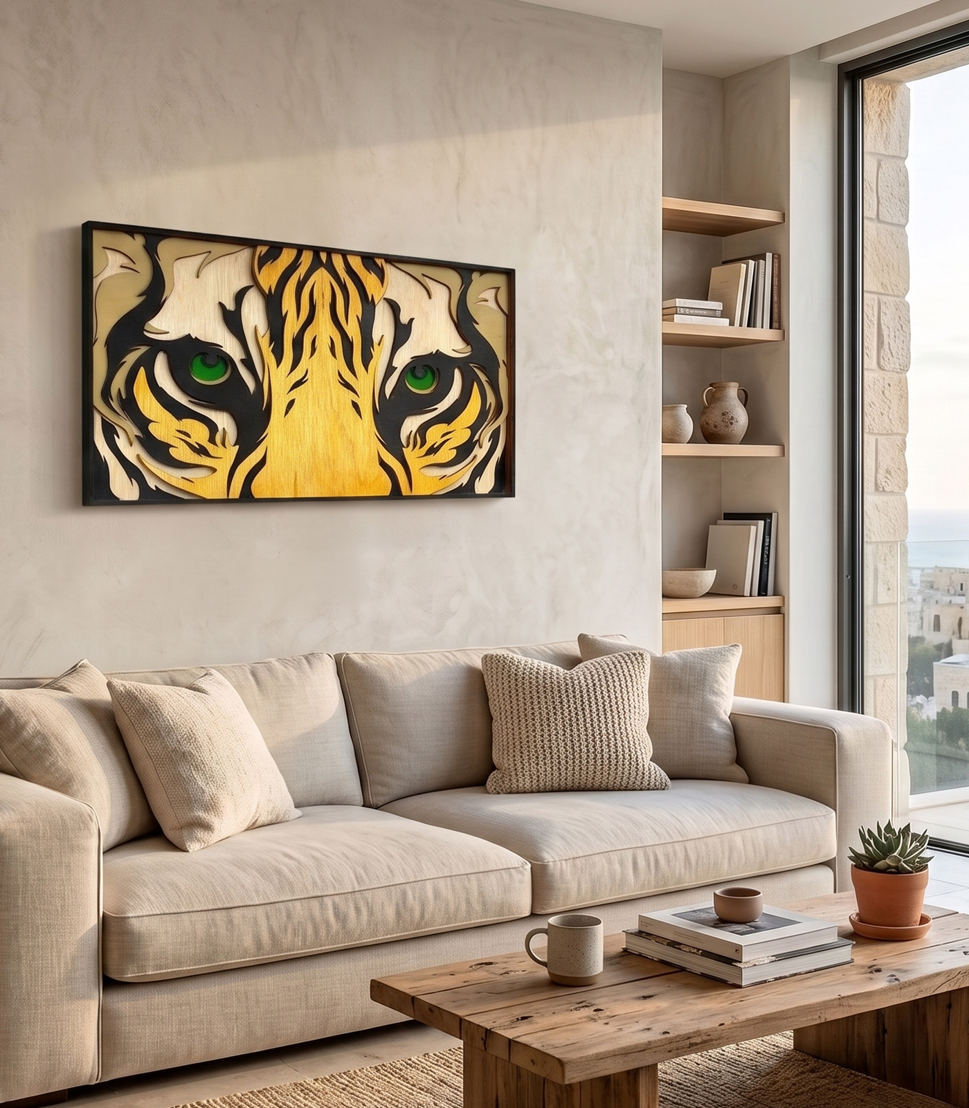 Tiger-Panel-Front תמונת קיר תלת-מימדית מעץ – עיני נמר – תמונה 1